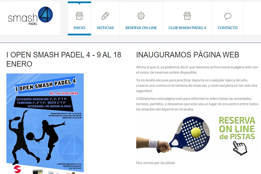 Web del club Smash Padel 4 con reservas online
