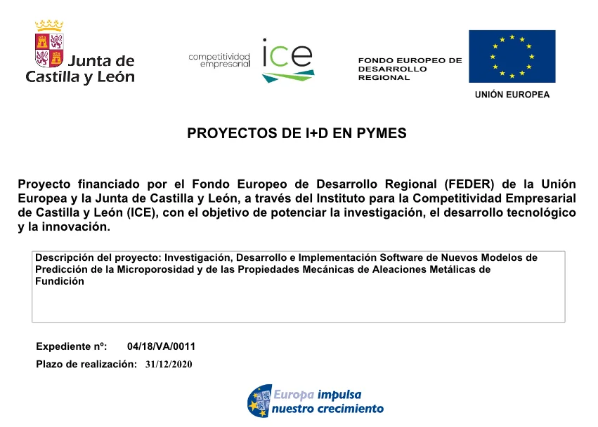 Cartel del proyecto de I+D en pymes financiado por FEDER, la Junta de Castilla y León e ICE
