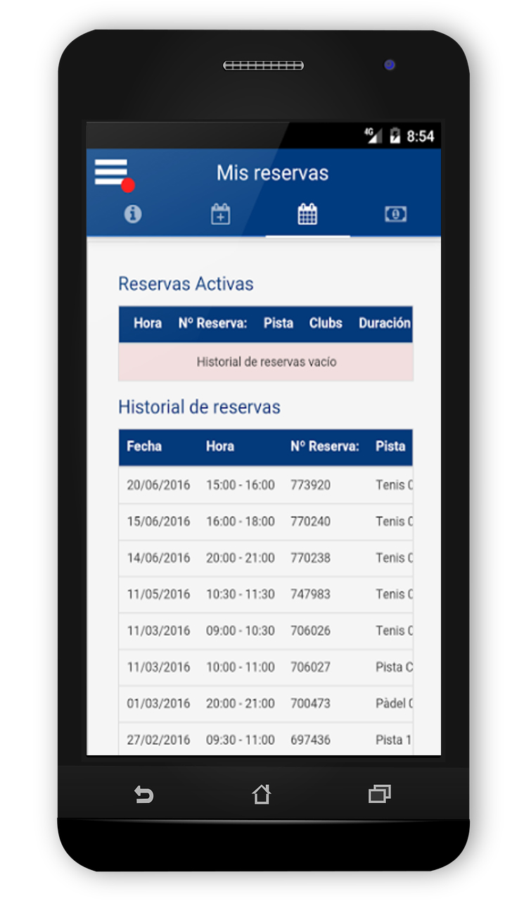 Lstado de reservas realizadas por el usuario